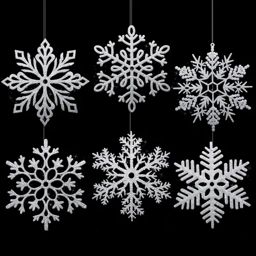 Vista 9 de Sratte 24 adornos de copo de nieve grandes de 16 pulgadas, copos de nieve colgantes decorativos con purpurina gigante, 6 diseños de adornos