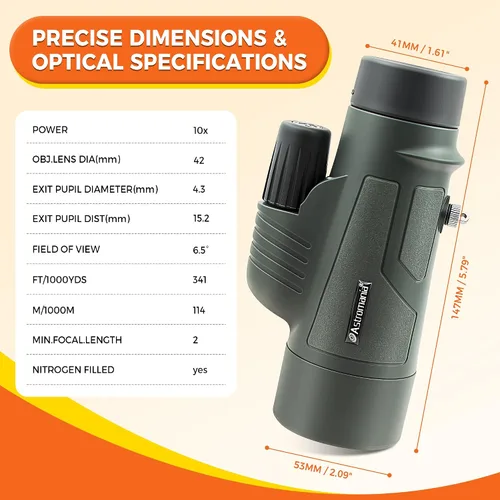Vista 8 de Astromania Telescopio monocular 10x42 BAK4 monoculares de alta potencia para adultos Compact Portable Waterproof Monocular with Hand Strap