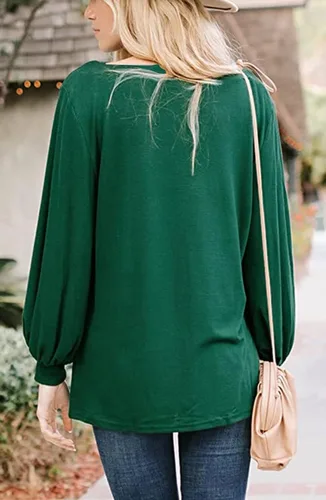 Vista 3 de MAKARTHY - Camisa de manga larga abombada con cuello tipo barco para mujer, camisa estilo túnica