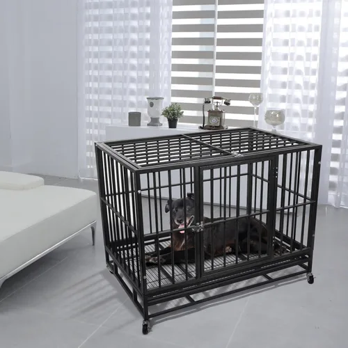 Vista 7 de Elevon Jaula resistente para perros de 42 pulgadas, a prueba de escape, jaula de doble puerta para perros grandes, perrera resistente para perros