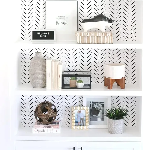 Vista 4 de Orainege - Papel de colgadura adhesivo negro y blanco con diseño de espina de pescado, papel de contacto para baño, 17.7 x 78.7 pulgadas, papel