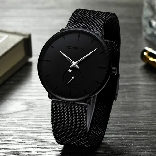Vista 3 de CRRJU Reloj de pulsera analógico de cuarzo para hombre, esfera negra con correa de malla