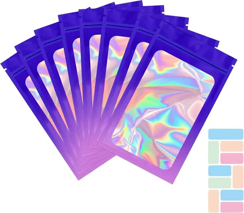 Vista 18 de Paquete de 100 bolsas de Mylar con ventana transparente, holográficas, a prueba de olores, para pequeñas empresas, bolsas resellables