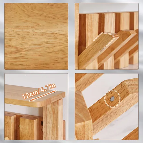 Vista 4 de YMYNY Perchero de pared montado en pared con estante, estante de pared con ganchos retráctiles, perchero de pared de madera para colgar Natural