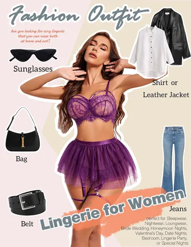 Vista 5 de Avidlove Lencería de encaje para mujer, minifalda de malla, ropa de noche, babydoll