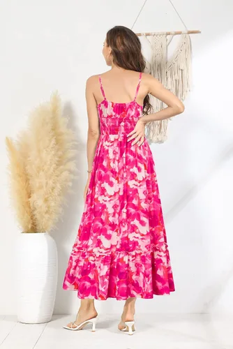 Vista 5 de GRACE KARIN Vestido largo de verano para mujer, sin mangas, floral, tirantes delgados, fruncido, bohemio, para playa, con bolsillos