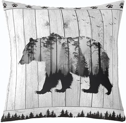 Vista 14 de Cartoon Bear Pillow Cover Cute Wild Animal Paw Print Cushion Cover for Kids Boys Girls Teens Jungle Pine Trees Silhouette Cabin Pillow Case for
