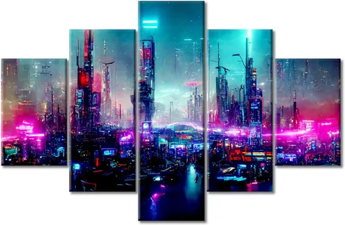 Vista 104 de Cuadros de 5 paneles de Cyberpunk City, arte de pared, representación de vallas publicitarias, edificios modernos en la capital con obras de arte