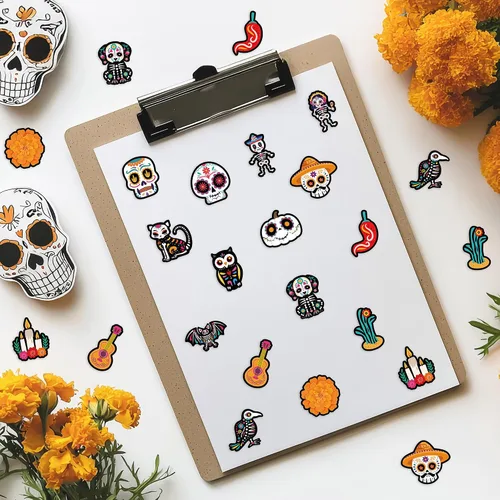 Vista 4 de BeYumi Calcomanías en rollo de calavera de azúcar, 1000 unidades, calcomanías del Día de los Muertos en 2 rollos Dia de Los Muertos Calavera