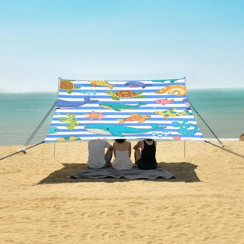 Vista 5 de Blue White Striped sea Animal Beach Cabana Tent UPF50+ Protection Water-Resistant Large Sun Shelter with Sandbags and Shovel for Camping, Picnics