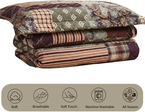 Vista 5 de Hailea Juego de ropa de cama de tamaño individual, juego de edredón rústico de cabaña de alce con funda de almohada, suave, reversible, para todas