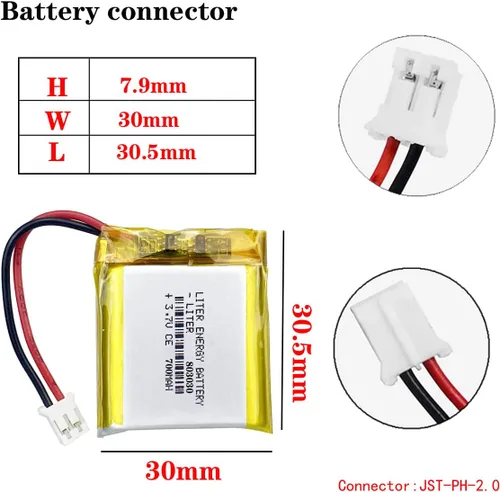 Vista 2 de Liter 3.7V 700mAh 803030 Lipo Batería recargable de iones de polímero de litio con conector JST 0.079 in