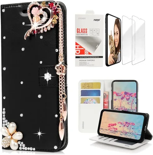 Vista 5 de Bling Wallet - Funda de cuero compatible con Samsung Galaxy A32 5G, elegante, diseño de corazón y corona hecha a mano en 3D con protector