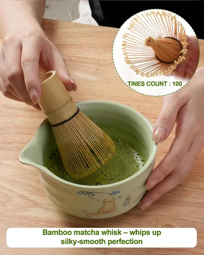 Vista 4 de Juego de batidor de matcha, juego de matcha de cerámica incluye cuenco matcha, batidor de matcha y soporte, cuchara de bambú, soporte para Verde