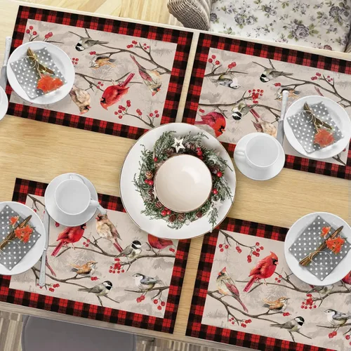 Vista 6 de Seliem Winter Birds - Juego de 4 manteles individuales de PVC, diseño vintage de cardenal con ramas de bayas rojas, manteles individuales de vinilo