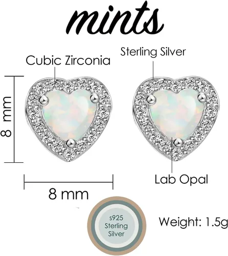Vista 5 de Pendientes de ópalo de plata de ley con forma de corazón de circonio cúbico de octubre de piedra natal