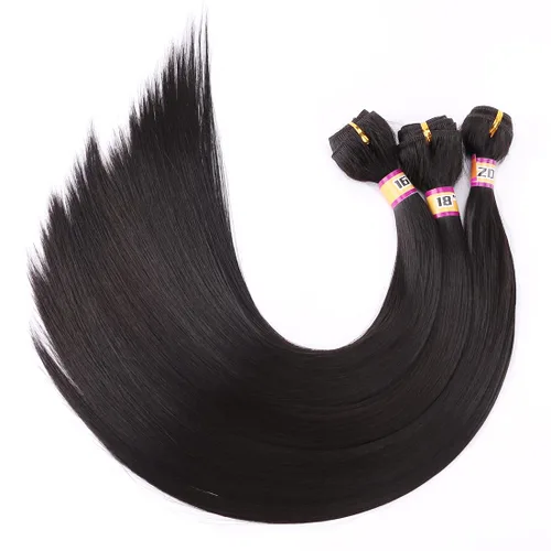 Vista 10 de 4 paquetes de cabello sintético sedoso y liso, 4 paquetes de 16, 18, 18, 20 pulgadas, extensiones de cabello de fibra de doble trama color negro