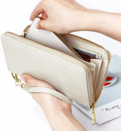Vista 6 de Badiya Cartera para mujer con bloqueo RFID de cuero con cremallera de gran capacidad para tarjetas de crédito bolso largo Blanco