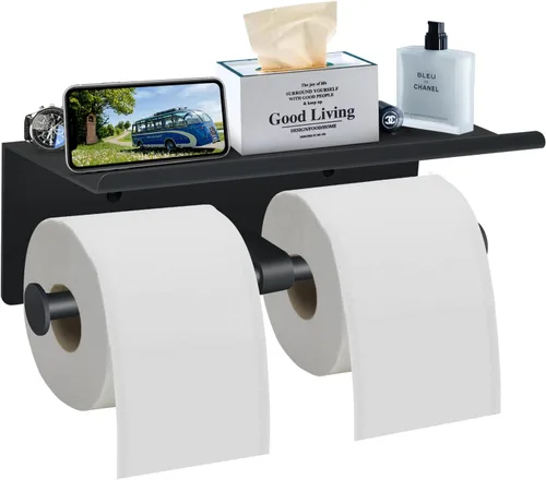 Vista 2 de Soporte de papel higiénico con estante y soporte para toallas de papel debajo del gabinete, soporte de papel higiénico de acero inoxidable SUS304