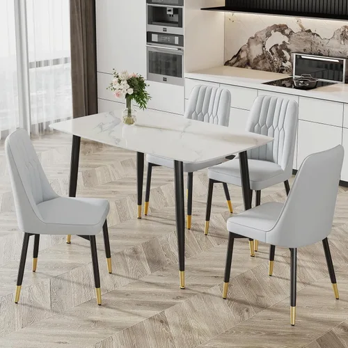 Vista 18 de Ebullient Mesa de comedor para 4, mesa de comedor rectangular de mármol, mesa de comedor de mármol sintético, mesa de comedor moderna con marco