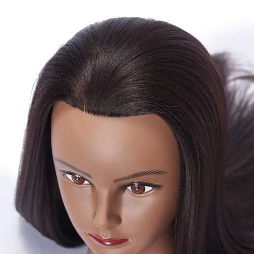 Vista 4 de 26-28" Cabeza de maniquí con cabello de fibra sintética Yaki para estilizar, cabeza de muñeca para entrenamiento de cosmetología, cabeza de maniquí