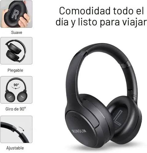 Vista 4 de RUNOLIM - Audífonos híbridos con cancelación activa de ruido, inalámbricos con Bluetooth, con micrófono, 70 horas de reproducción, plegables