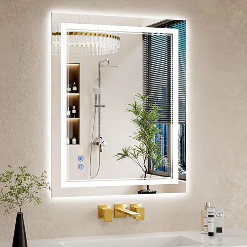 Vista 29 de Espejo de baño LED de 22 x 30 pulgadas con luces, antiniebla, retroiluminado + luz frontal, regulable, espejo de tocador LED para pared, espejo