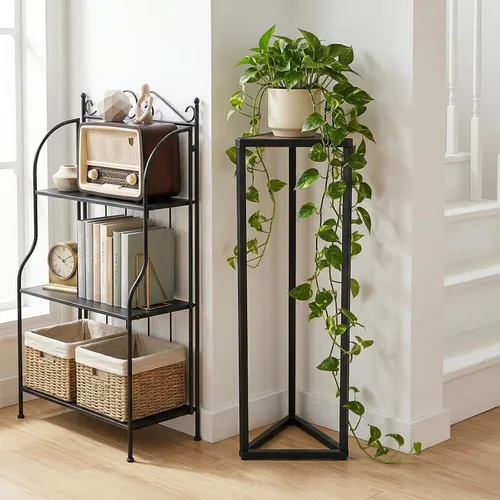 Vista 3 de MyGift Soporte para plantas de 36 pulgadas de alto para interiores, soporte de esquina triangular moderno, de madera soplada grande y marco de metal