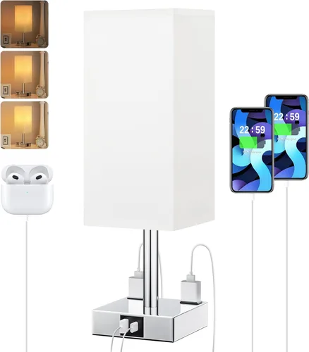 Vista 13 de Lámpara de mesa de noche táctil, con pantalla, puertos de carga USB C+A y salidas de CA duales, para dormitorio, sala de estar, oficina