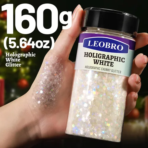 Vista 2 de Leobro - Purpurina blanca, 160g/5.64oz de purpurina holográfica gruesa para manualidades, resina, uñas, cuerpo, vasos, decoraciones de fiesta