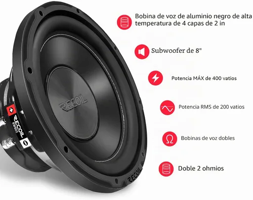 Vista 3 de RECOIL RW8D2 8 pulgadas 400W Potencia Dual 2 Ohm Bobina de voz Subwoofer de audio para coche