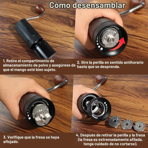 Vista 6 de Molinillo de café manual, caja de regalo, rebaba cónica desmontable de acero inoxidable, molinillo de granos de café de aluminio con 25 ajustes