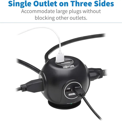 Vista 2 de Tripp Lite Protector de sobretensiones esférico de 3 tomas, 4 puertos USB (4.8A compartido) - Cable de 6 pies (6.0 ft), enchufe 5-15P, 540 julios
