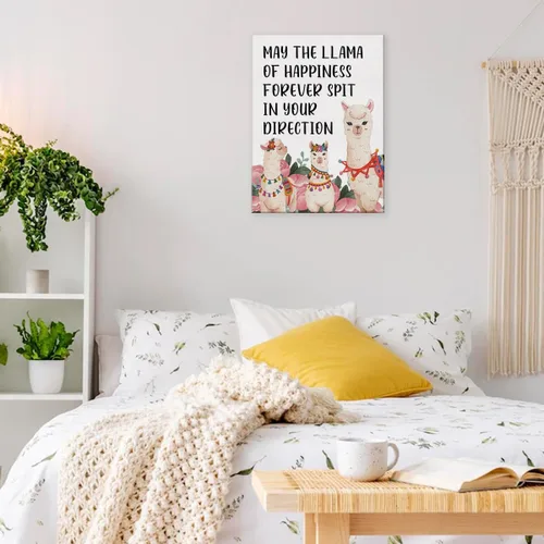 Vista 6 de Arte inspirador motivacional para pared, póster con texto en inglés "May the Llama of Happines", pintura enmarcada para decoración del hogar, 12 x