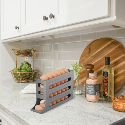 Vista 2 de Soporte para huevos para nevera, organizador de huevos de nevera con ruedas automáticas, estante de huevos para refrigerador. (gris)