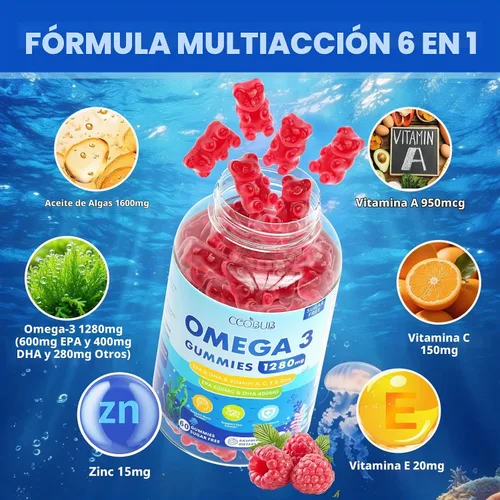 Vista 4 de Omega 3 Gummies for Women & Men, Algae Omega 3 Supplement, Raspberry, 60Ct