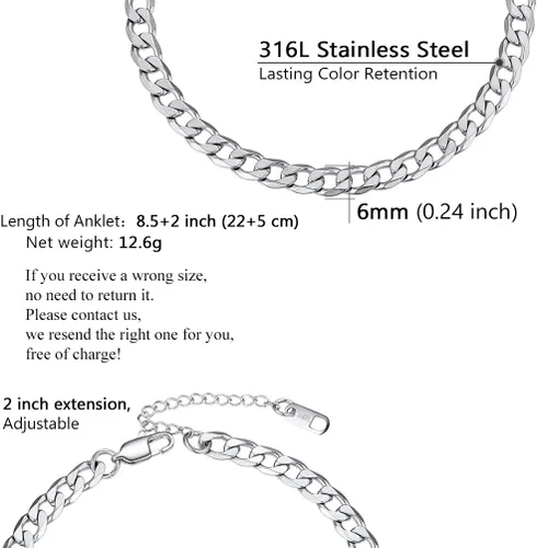 Vista 5 de PROSTEEL - Tobilleras de cadena de acero inoxidable para hombres y mujeres, tono plateado dorado, tobilleras hipoalergénicas, ajustables de 8 a