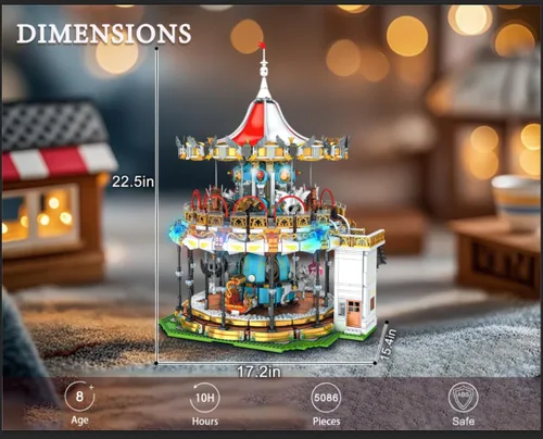 Vista 3 de Sosuy Juego de Construcción de Carrusel, Modelo de Tiovivo Motorizado Eléctrico, Juguete de Parque de Atracciones para Niños, Niñas y Adolescentes