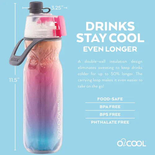 Vista 5 de O2COOL Arctic Squeeze - Botella de agua aislada Mist 'N Sip Paquete de 2 - 20 onzas Sin BPA, función de niebla y sorbo 2 en 1 con boquilla