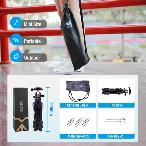 Vista 8 de SIRUI AM203 Mini trípode de viaje con cabeza de bola B00K de 360°, trípode de aluminio ligero para viajes y uso de mesa, carga máxima de 20