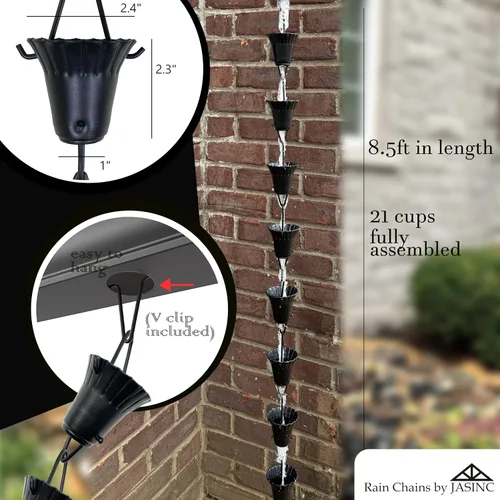 Vista 3 de Copas con volantes de 8.5 pies con recubrimiento en polvo negro, para reemplazar la canaleta de techo, con kit de instalación, atrapador de agua