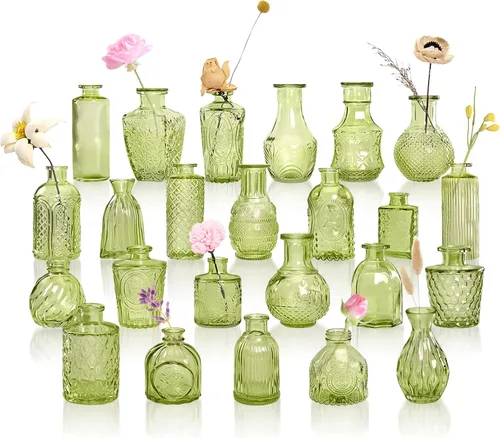 Vista 8 de Juego de 12 jarrones de vidrio ámbar, jarrones de capullo transparentes a granel, mini jarrones para flores, pequeños jarrones de flores