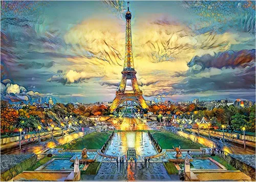Vista 2 de Educa - Dream City Art - Torre Eiffel - Rompecabezas de 500 piezas - Pegamento para rompecabezas incluido - La imagen completa mide 18.9 x 13.4