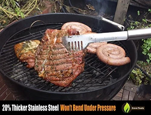 Vista 3 de Cave Tools Pinzas para parrilla de acero inoxidable de mango largo de 17 pulgadas con soporte de bloqueo - Accesorios para parrilla de barbacoa