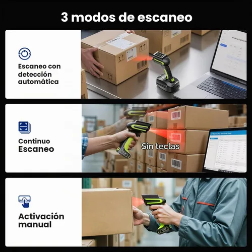 Vista 8 de Eyoyo 3 en 1 mano 2D QR escáner de código de barras inalámbrico industrial Bluetooth Verde