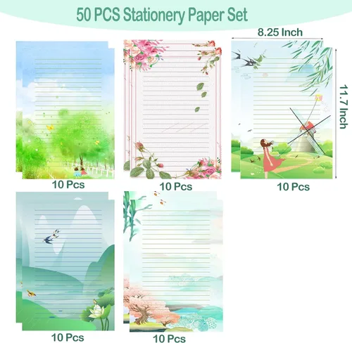 Vista 2 de 50 papeles de papelería de escritura, papel de papelería rayado para escribir cartas, notas, invitaciones, manualidades, 5 estilos diferentes
