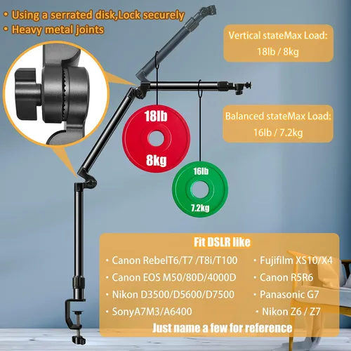 Vista 8 de Soporte de escritorio de montaje para cámara, rodamiento de 18 libras, base y parte superior ajustable en 360°, con tornillo de 1/4 "3/8" 5/8