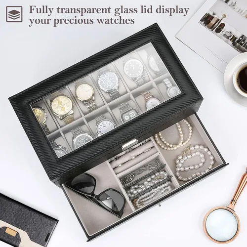 Vista 2 de Caja de reloj con 12 ranuras para hombres, organizador de joyas para hombre, estuche de exhibición con cajón, cajas de almacenamiento de relojes