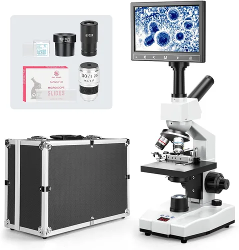 Vista 9 de [Monitor inteligente de 24 MP] Microscopio compuesto de doble visión Vabiooth Aumento 40X-2500X con monitor de 7 pulgadas, software gratuito