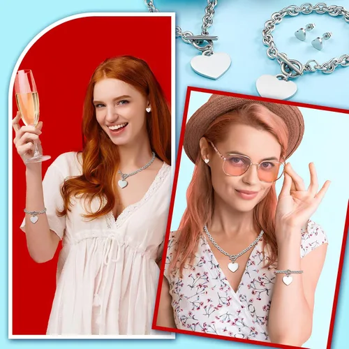 Vista 4 de Juego de 3 piezas de joyería de corazón, collar con dije de corazón, collar de cadena de corazón, pulsera de corazón, aretes de tuerca de acero